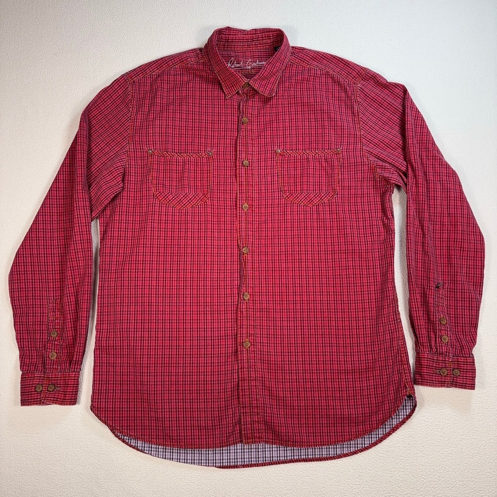 Robert Graham Jeans Shirt Men's XL Red Plaid Check 100% Cotton Pockets Button Up